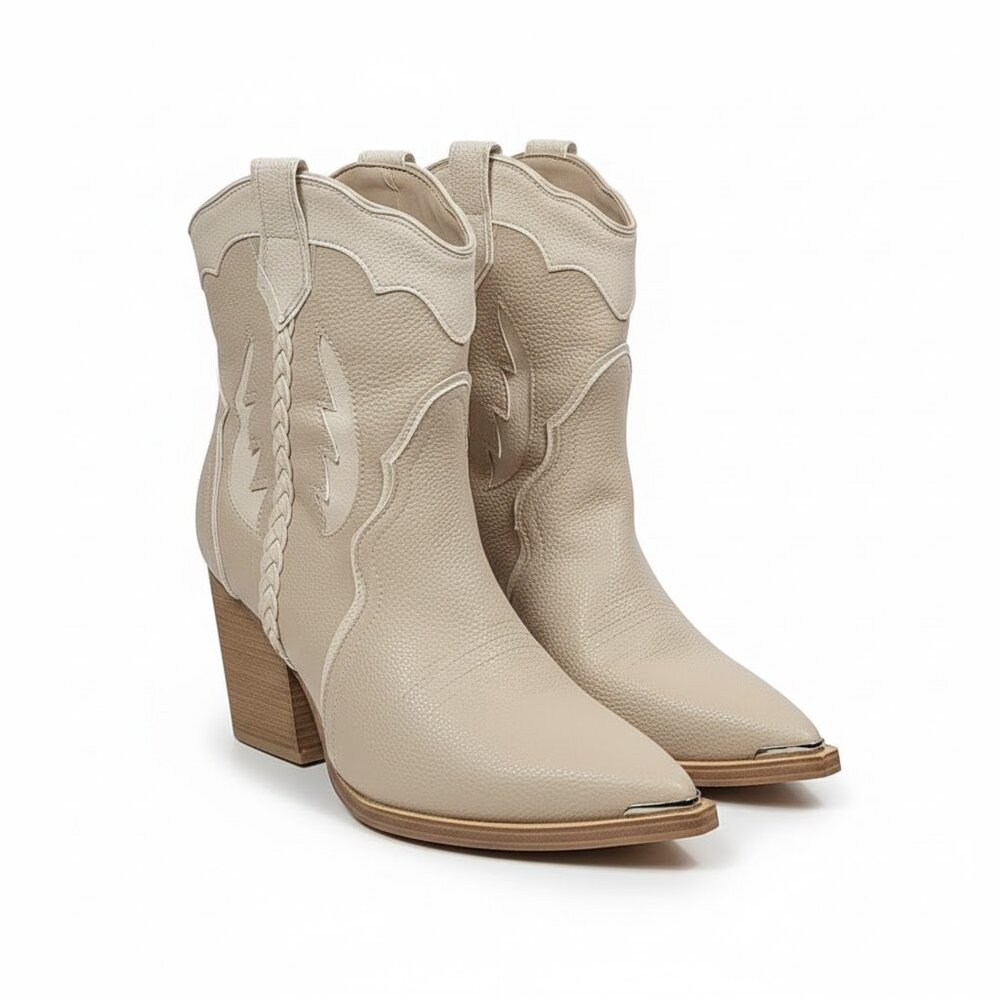 MIA Whitley Western Boots 10 Cream Bone Western Cowboy Ankle Pointed Block Heels - Picture 1 of 13